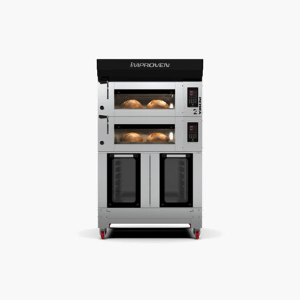 Pedra Mini 2 katlı elektrikli taş tabanlı fırın 60x80 cm, ekmek pişirirken, altında mayalandırma kabini