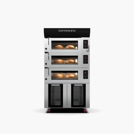 Pedra Mini 3 katlı elektrikli taş tabanlı fırın 60x80 cm, ekmek pişirirken, altında mayalandırma kabini